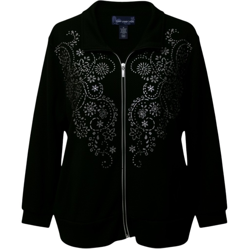 Susan Graver Style 1X Black Paisley Foil Rhinestone Zip Jacket Top